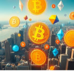 bitcoin, ether, litecoin, dogecoin, and other cryptocurrencies are flying in the air over a cityscape