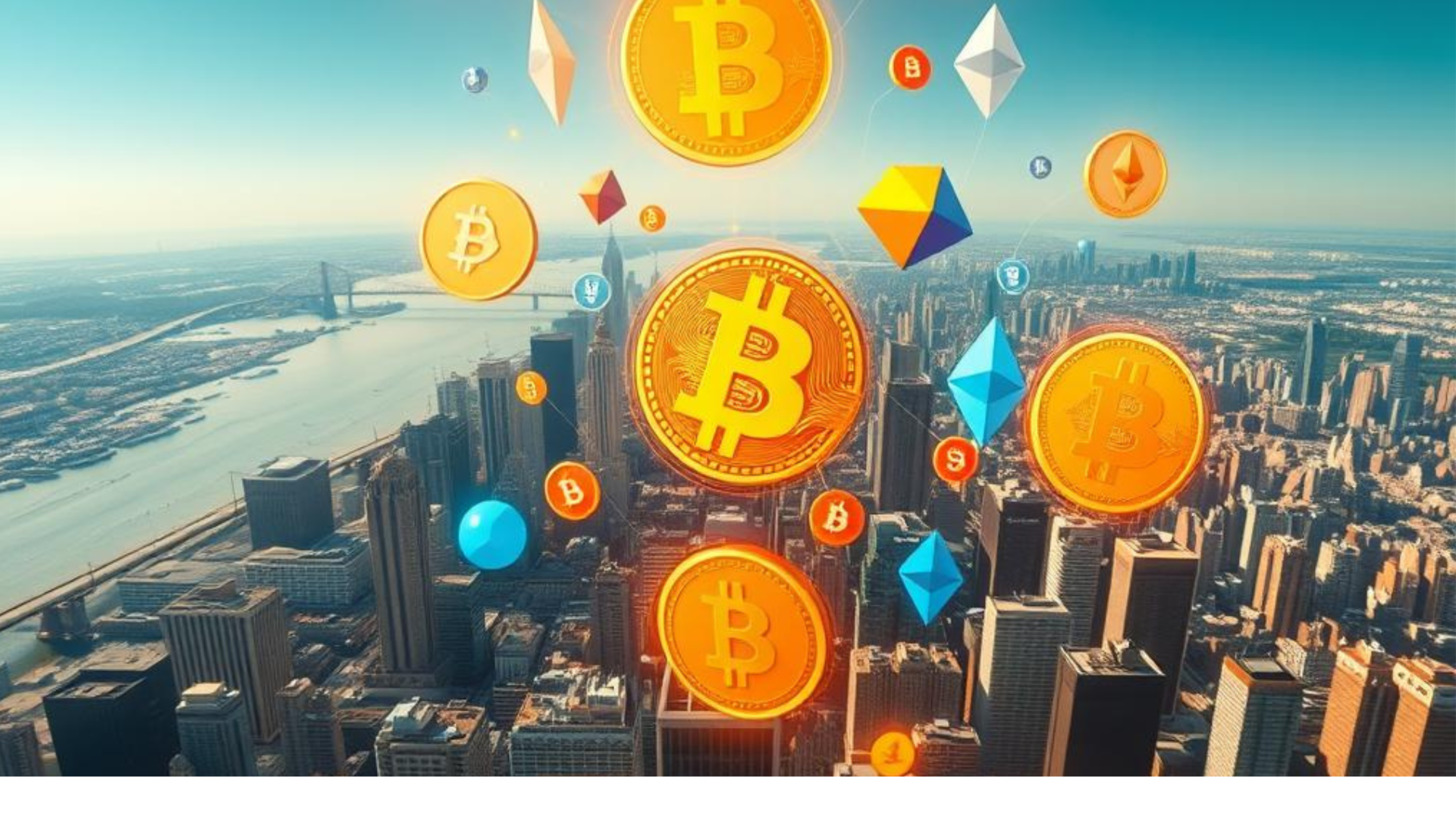 bitcoin, ether, litecoin, dogecoin, and other cryptocurrencies are flying in the air over a cityscape
