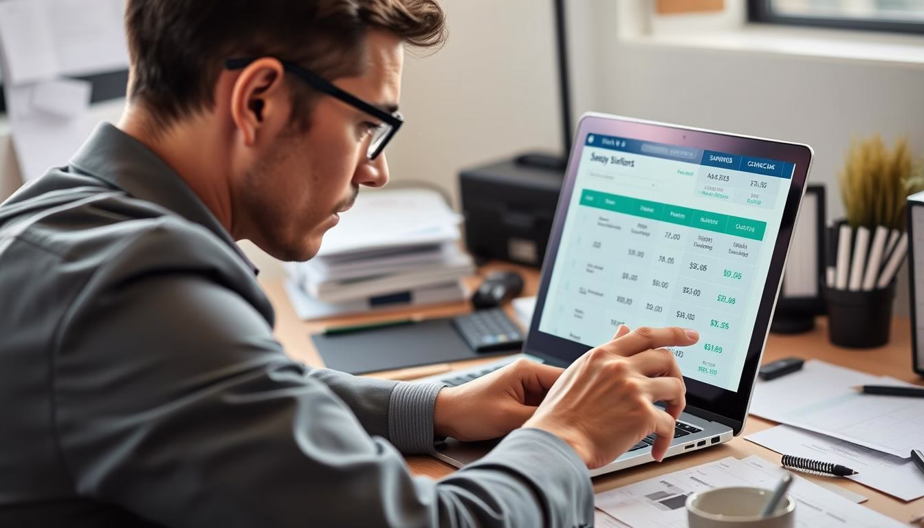 Generate an image of a business owner reviewing high-yield savings account options on a laptop.